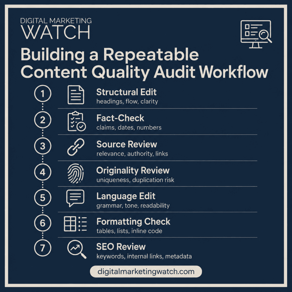 An infographic demonstrating a seven step workflow for content quality audit.