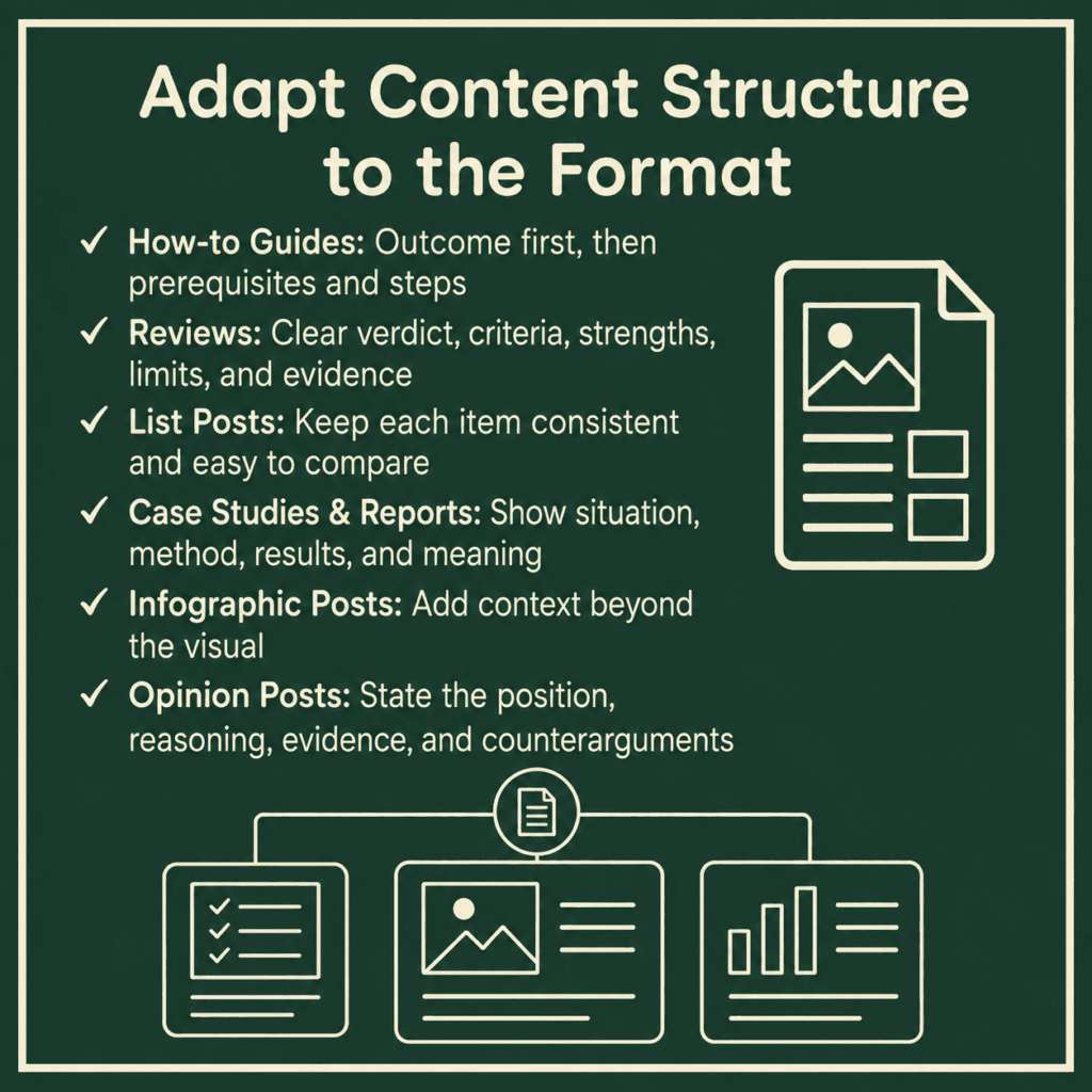 An infographic shows a list of different content formats, and how they should be structured.