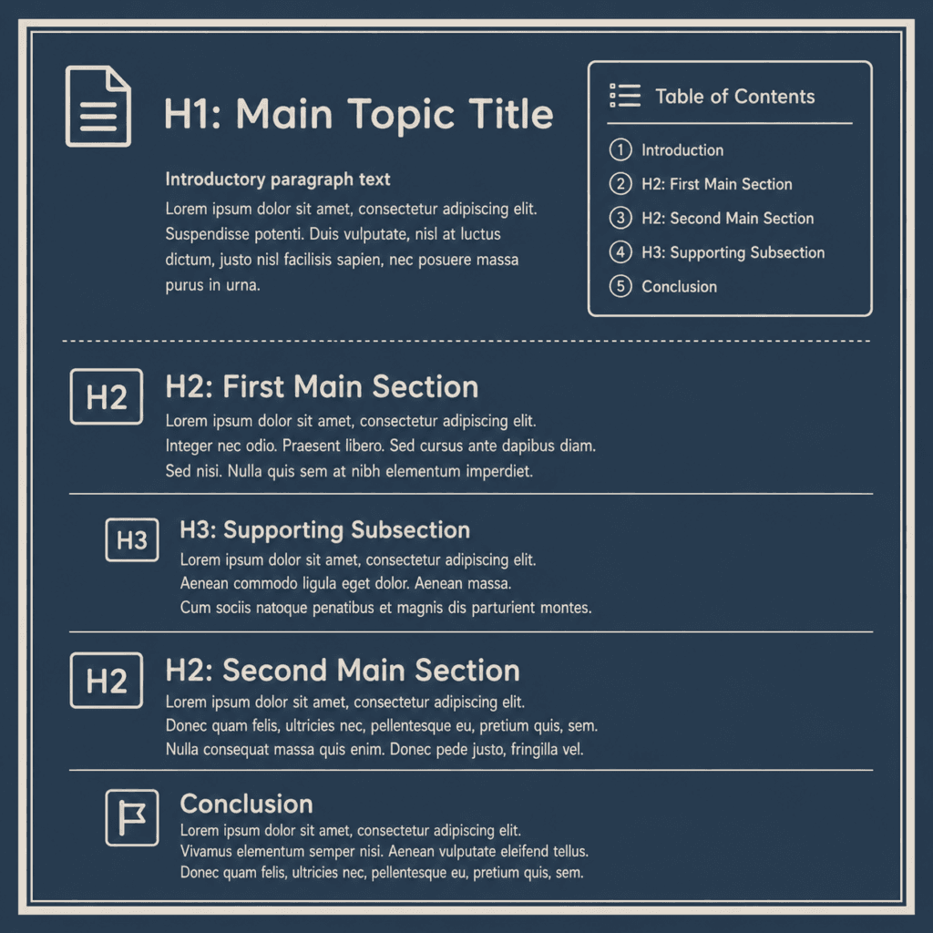 Infographic illustration showing an H1 main topic, H2 main sections, an H3 supporting subsection, a conclusion, and a table of contents reflecting the page heading structure