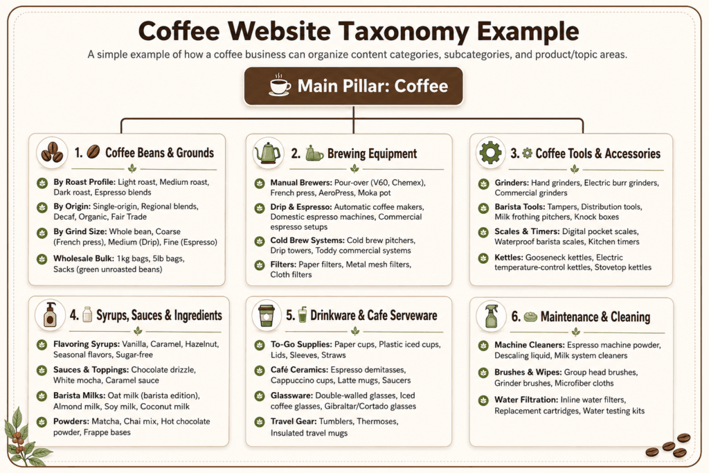 An illustration of Coffee Website Taxonomy, showing Coffee as the main pillar with 6 clusters and sub-clusters.
