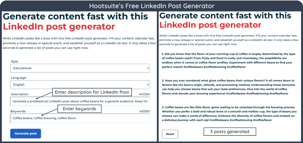 Two screenshots of Hootsuite’s Free LinkedIn Post Generator. The left screenshot shows description and keywords being entered for post generation, and the screenshot on the right shows three generated posts. 
