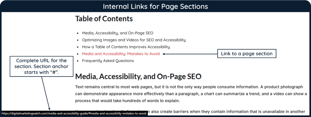 A screenshot of table of contents with internal links to page sections of the same webpage.