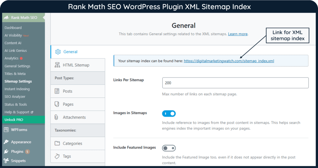 A screenshot with link for XML Sitemap Index auto-generated by Rank Math SEO WordPress Plugin 