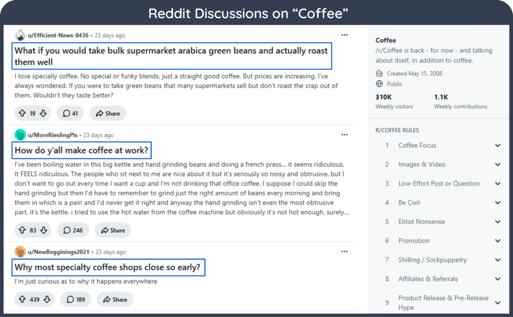 Reddit coffee community posts highlighting user questions about roasting green beans, making coffee at work, and coffee shop closing times