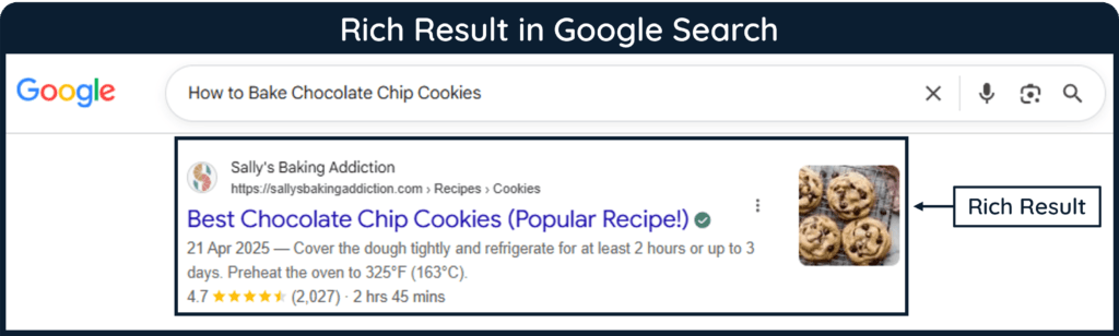 A screenshot of a Google Search result for "How to Bake Chocolate Chip Cookies" with a Rich Result