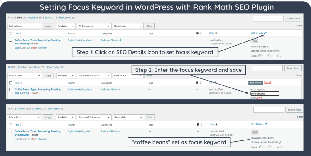 A screenshot demonstrating how to set focus keyword in WordPress with Rank Math SEO Plugin