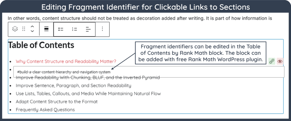 A screenshot of clickable Table of Contents by Rank Math block in WordPress.