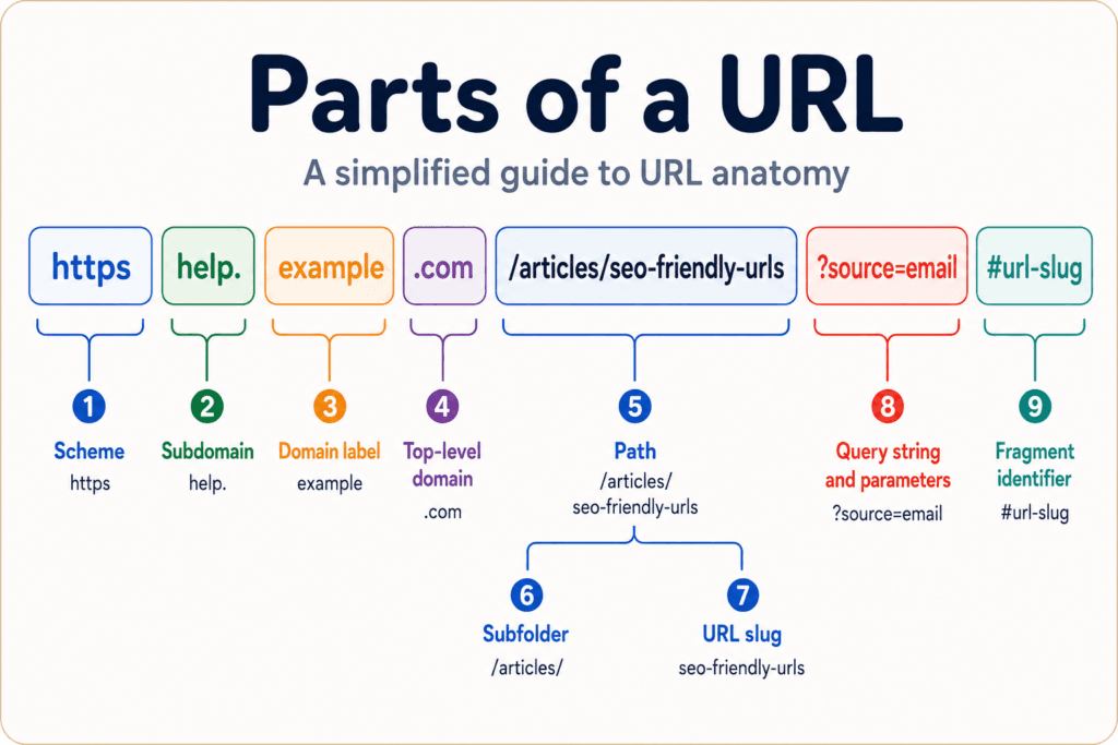 A diagram illustrating parts and structure of a URL.