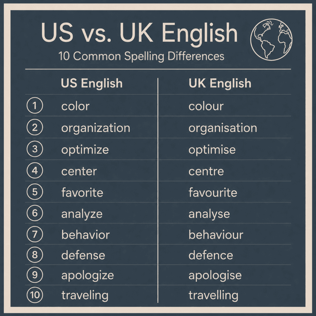 An infographic illustrating difference between US vs. UK English spellings with 10 examples. 