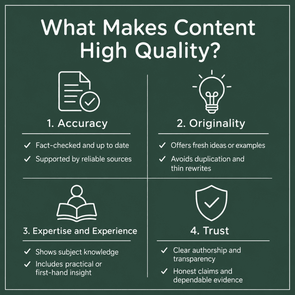 Infographic explaining four qualities of high-quality content: accuracy, originality, expertise and experience, and trust, with examples for each.