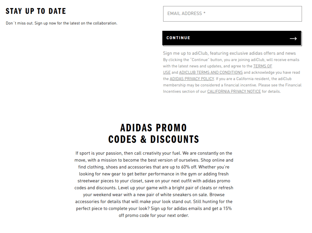 adidas promotional signup page with an email address field and text offering a 15% discount code for the next order after joining adiClub