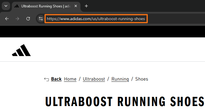 Adidas Ultraboost Running Shoes page with the browser address bar showing the descriptive