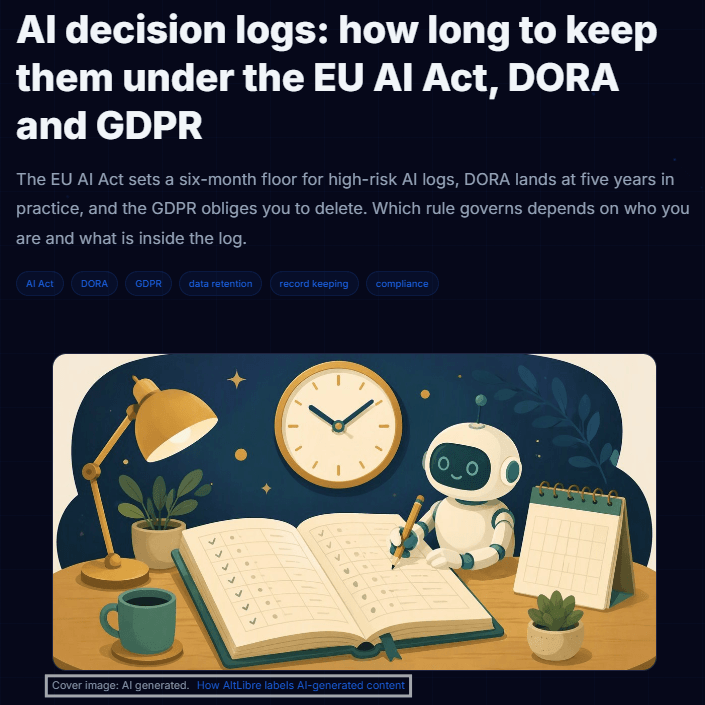 Screenshot of an AltLibre article with an illustrated robot cover and a boxed notice stating that the cover image is AI generated