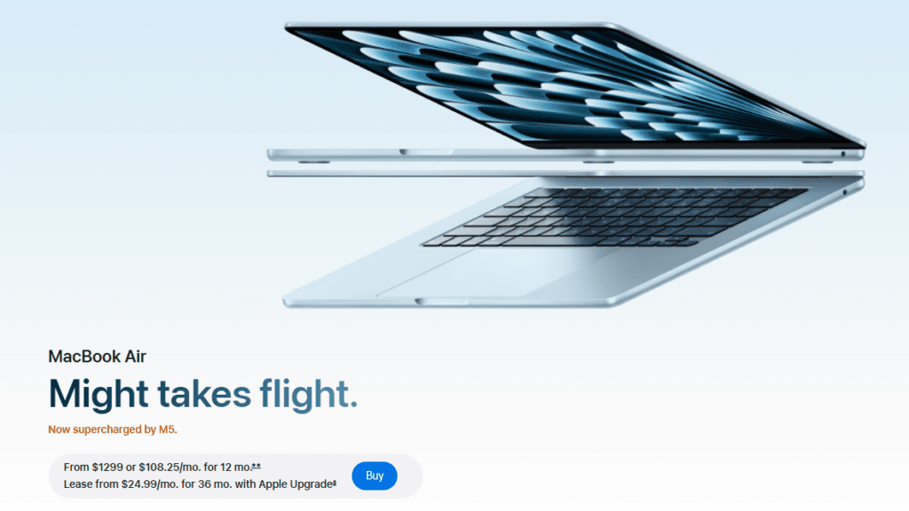 Apple MacBook Air product page featuring the headline “Might takes flight.” beneath a large MacBook Air product image