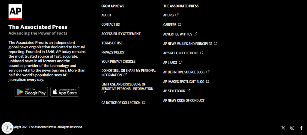 Associated Press website footer containing sitewide navigation links to organizational, policy, career, advertising, and other key pages across the site