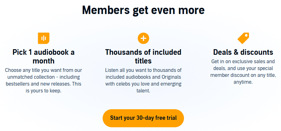 Audible membership page showing a 30-day free trial offer with benefits including one audiobook per month, thousands of included titles, and member deals and discounts