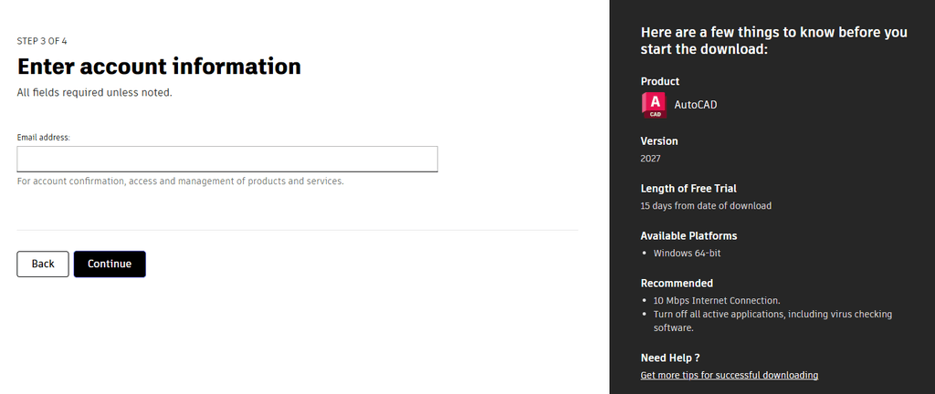 Autodesk AutoCAD trial signup screen showing an email field, account information step, and details for a 15-day free software trial