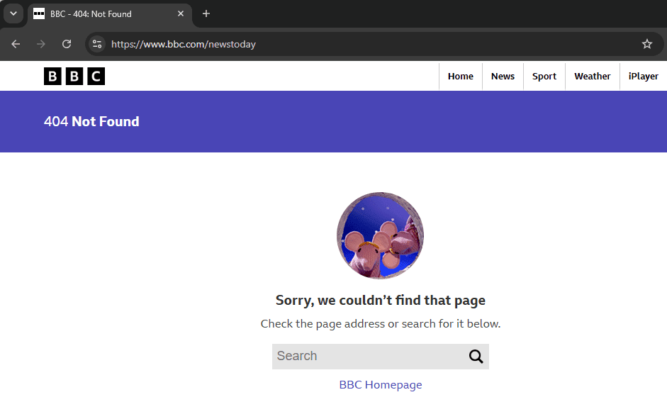 BBC 404 Not Found page showing a branded error message, search box, navigation menu, and BBC Homepage link