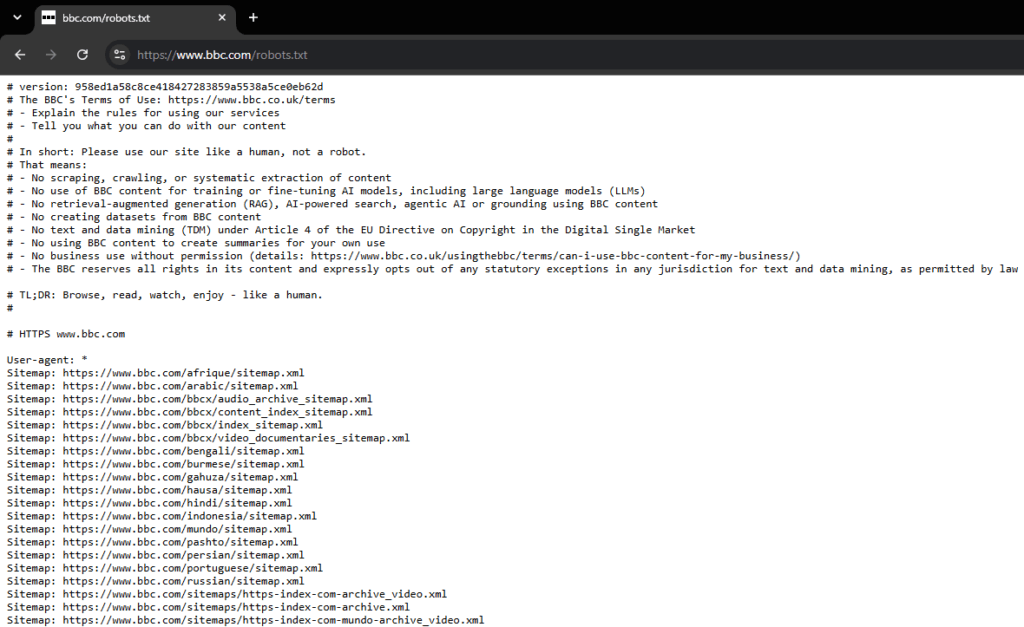 BBC robots.txt file displaying comments about permitted crawler use, a User-agent: * directive, and numerous XML sitemap URLs for different BBC language and content sections