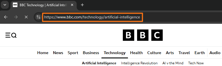 BBC Artificial Intelligence page with the browser address bar showing the descriptive static-looking URL bbc.com/technology/artificial-intelligence