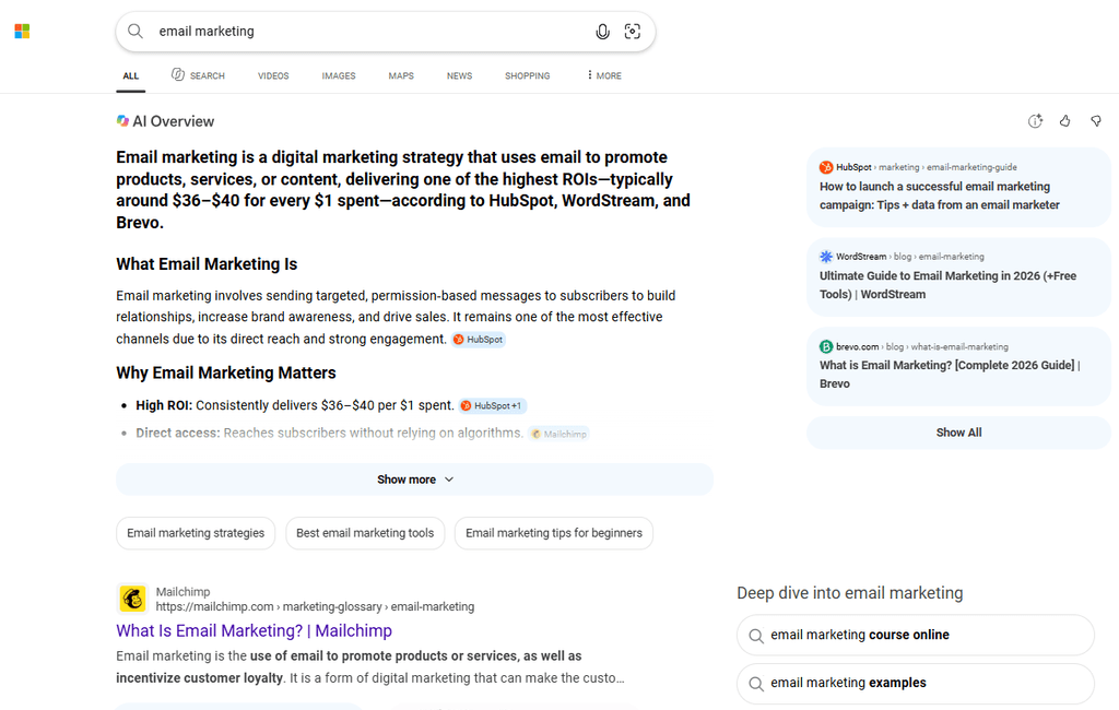 Bing search results for “email marketing” showing an AI Overview with explanatory text, source links from HubSpot, WordStream, Brevo, and Mailchimp, plus related follow-up searches.