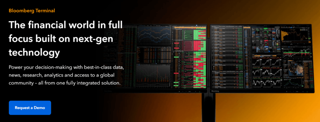 Bloomberg Terminal promotional page using dark visuals, dense financial dashboards, and concise messaging to convey a serious, analytical, high-performance brand personality