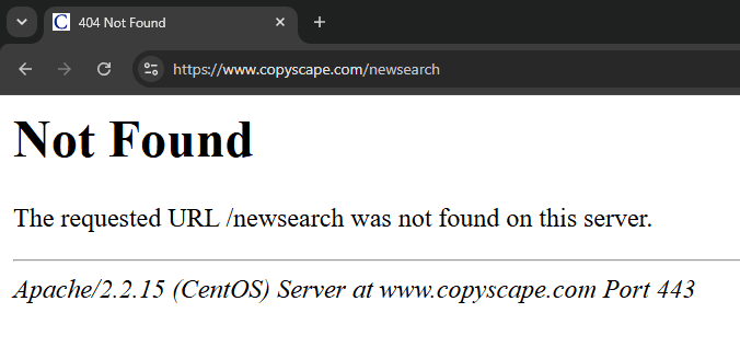 Browser displaying an Apache Not Found page stating that the requested URL was not found on the server