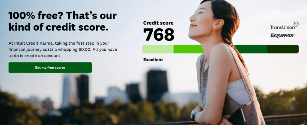 Credit Karma promotional page featuring a sample credit score of 768 and a “Get my free scores” CTA for users who create an account