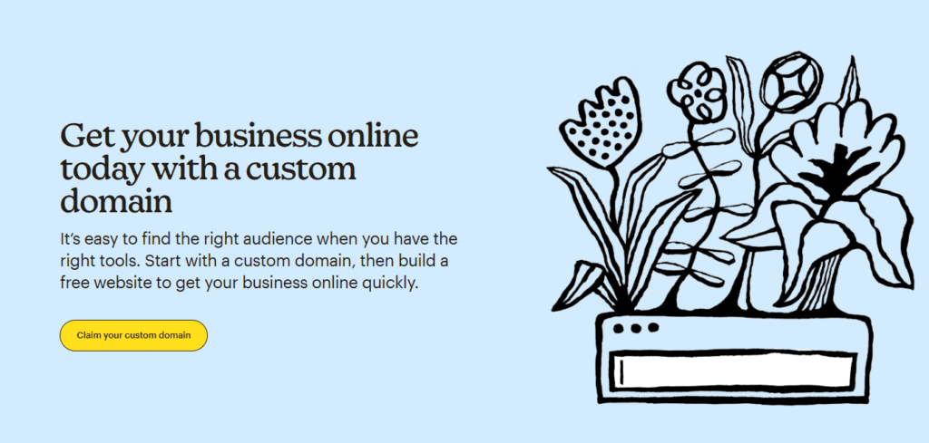 Decorative black line-art flowers and browser-window illustration beside promotional text about getting a business online with a custom domain