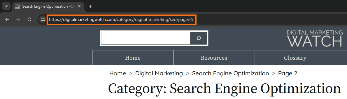 Digital Marketing Watch Search Engine Optimization category archive with the browser address bar highlighting the paginated URL digitalmarketingwatch.com/category/digital-marketing/seo/page/2/