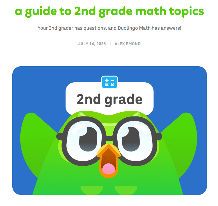 - Duolingo Math article titled “a guide to 2nd grade math topics” featuring the Duo character in glasses beneath a bright green headline