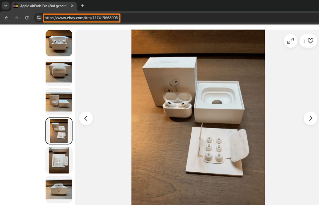 eBay AirPods Pro product listing with the browser address bar showing the non-descriptive URL