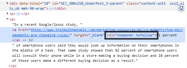 Browser developer tools highlighting an external hyperlink that uses target="_blank" together with rel="noopener nofollow"