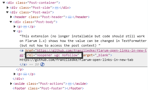 Browser developer tools highlighting an external link in a Flarum forum post with rel="noopener ugc nofollow", indicating the link is user-generated content and set to nofollow.