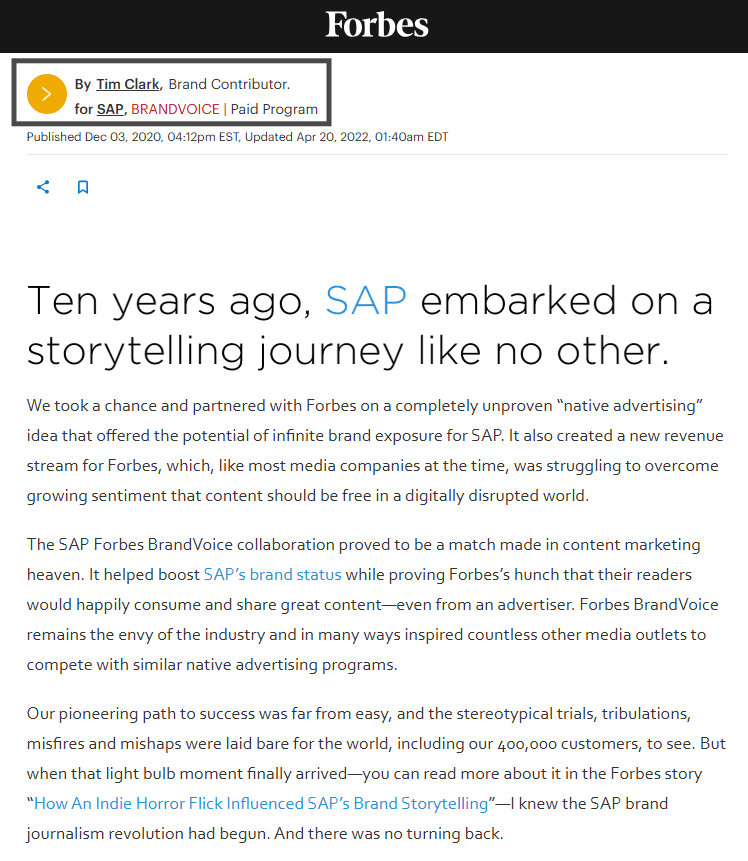 Forbes article by a SAP Brand Contributor showing the “BRANDVOICE | Paid Program” disclosure and discussing SAP’s native advertising partnership with Forbes.