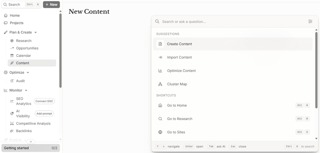 Frase interface showing the New Content workspace with options for Create Content, Import Content, and Optimize Content, alongside research, planning, audit, SEO analytics, AI visibility, and backlink tools