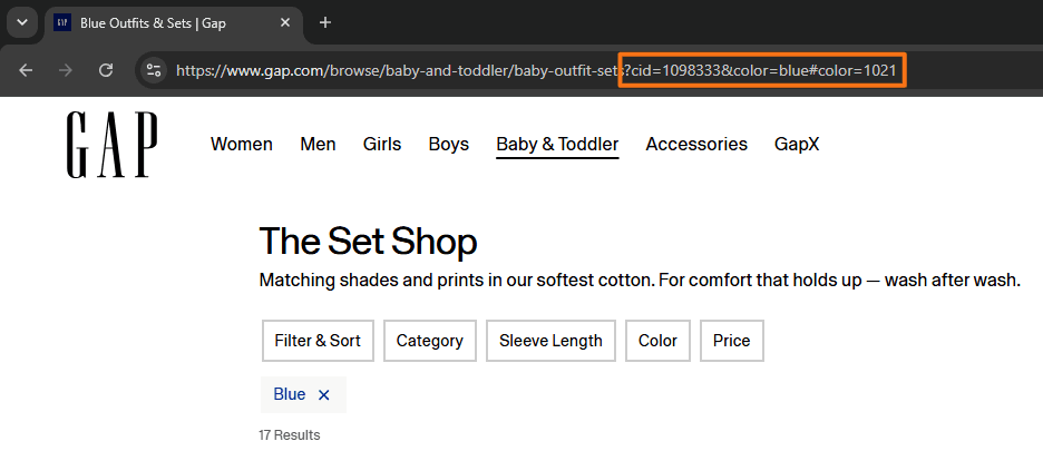 Gap Baby & Toddler product page with color=blue highlighted in the URL while the Blue filter is applied on the page