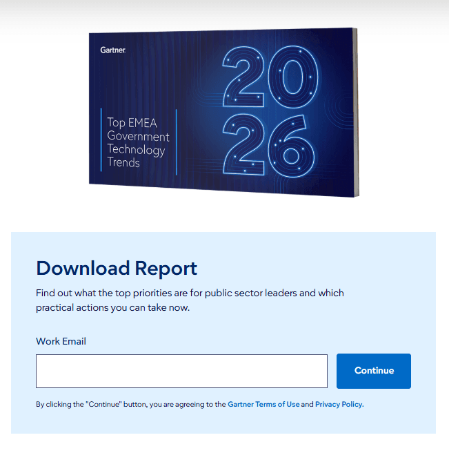 Gartner download form for the 2026 Top EMEA Government Technology Trends report with a work email field and Continue button