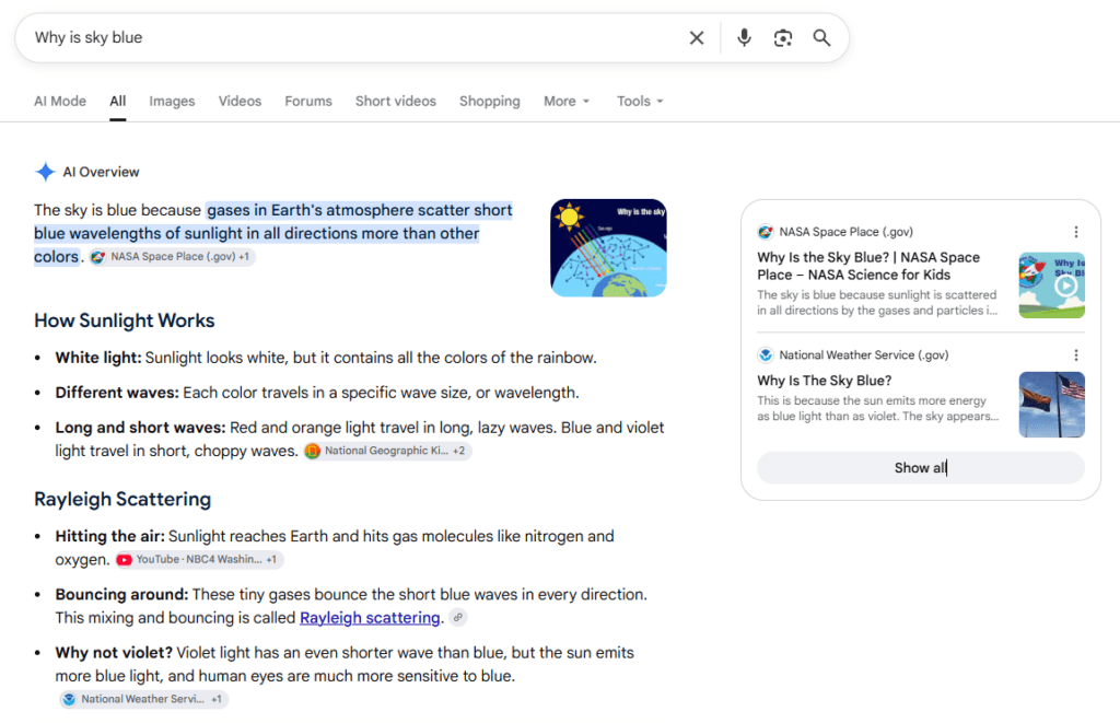 Google search results for “Why is sky blue” showing an AI Overview with an explanation of light scattering displayed directly on the results page