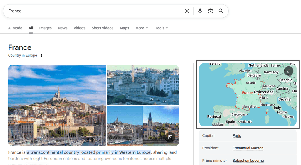 Google search results for France showing images and a knowledge panel with a highlighted map of France
