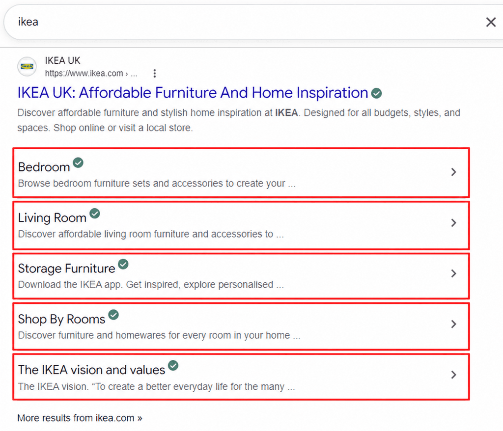 Google search results for IKEA with sitelinks highlighted for Bedroom, Living Room, Storage Furniture, Shop By Rooms, and The IKEA vision and values