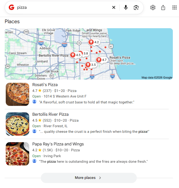Google search results for “pizza” displaying a local map pack with Rosati’s Pizza, Bertollis River Pizza, and Papa Ray’s Pizza and Wings, including ratings, price ranges, opening status, and review excerpts