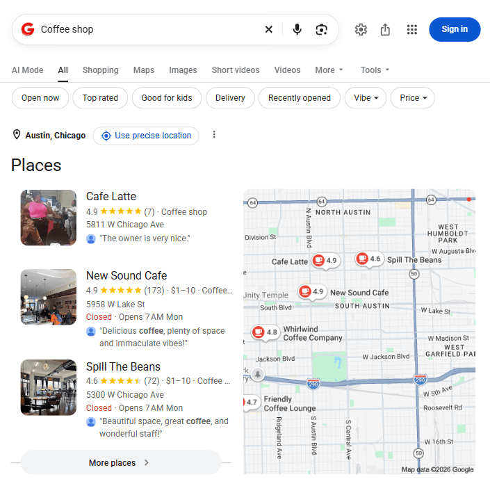 Google SERP for “Coffee shop” displaying a local map pack with nearby cafés, ratings, opening status, addresses, and map locations