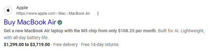 Google search result for Apple MacBook Air showing pricing from $1,299 to $3,719, monthly financing, free delivery, and 14-day returns