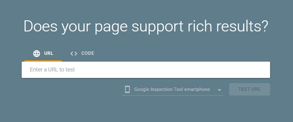 Google Rich Results Test page with URL and code testing options, a field to enter a webpage URL, and the prompt “Does your page support rich results?”