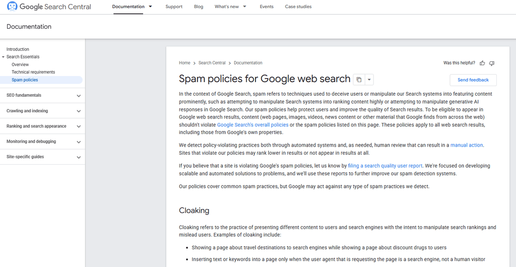 Google Search Central documentation page for spam policies, shown as an example of using official documentation as a primary source for SEO guidance
