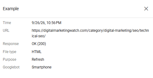 Google Search Console individual crawl example showing a URL returning 200 OK as HTML, crawled for refresh by the smartphone Googlebot