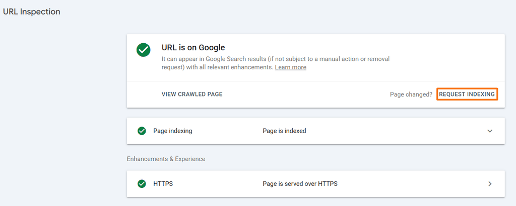 Google Search Console URL Inspection report with the Request Indexing button highlighted