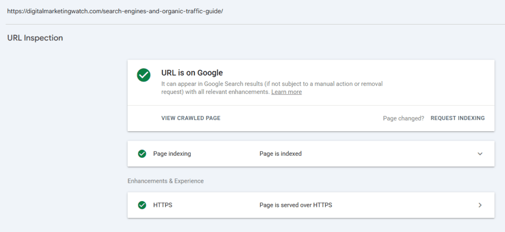 - Google Search Console URL Inspection report showing “URL is on Google,” page indexing status, and HTTPS validation for the inspected Digital Marketing Watch page