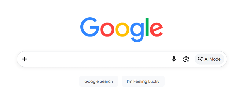 Google homepage with the central search bar, Google Search and I’m Feeling Lucky buttons, and an AI Mode option beside the search field.